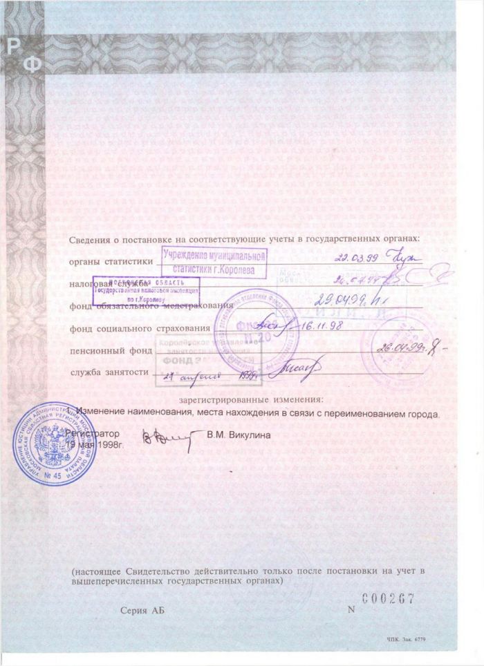 Свидетельство о государственной регистрации юридического лица от 01.02.1996г